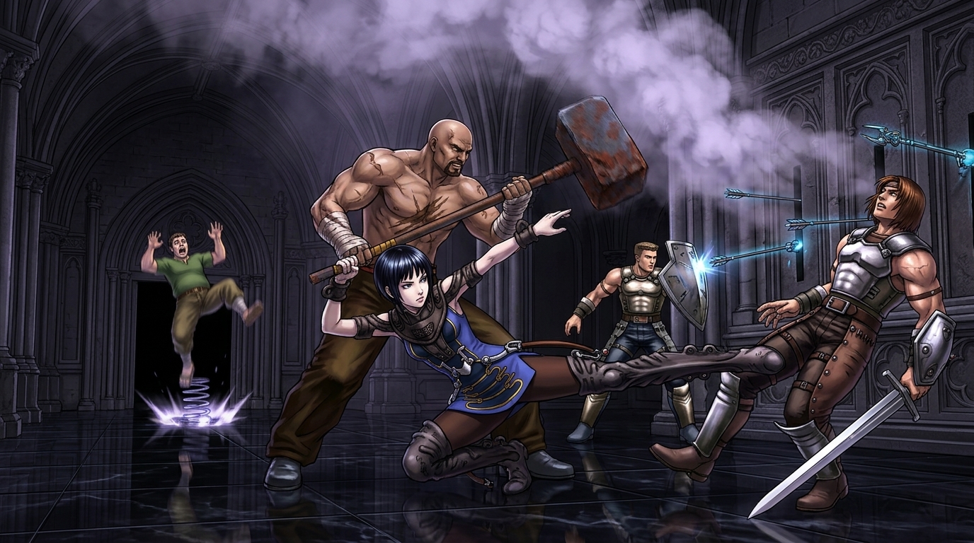 A cinematic, wide-screen ultra-wide angle shot of a chaotic battle inside a dark gothic grand hall with an obsidian floor. In the center, a pale young woman with short black hair in a blue tunic and heavy dark thigh-high boots is performing an acrobatic martial arts sequence. She is smoothly ducking under a massive rusty hammer swung by a towering, muscular bald man with scarred arms, while simultaneously sweeping a glowing blue dagger across the torso of a second armored man swinging a broadsword. In the midground, a third wiry soldier is blocking glowing mechanical arrows shooting from the stone wall using a metal shield. In the far background, a terrified villager in a green shirt is being blasted into the air by a glowing magical spring-trap on the floor. Thick, pale-purple smoke is pouring down from the ceiling, covering the upper half of the room. High-contrast lighting, action-packed anime-realism style, dynamic motion blur, masterpiece.